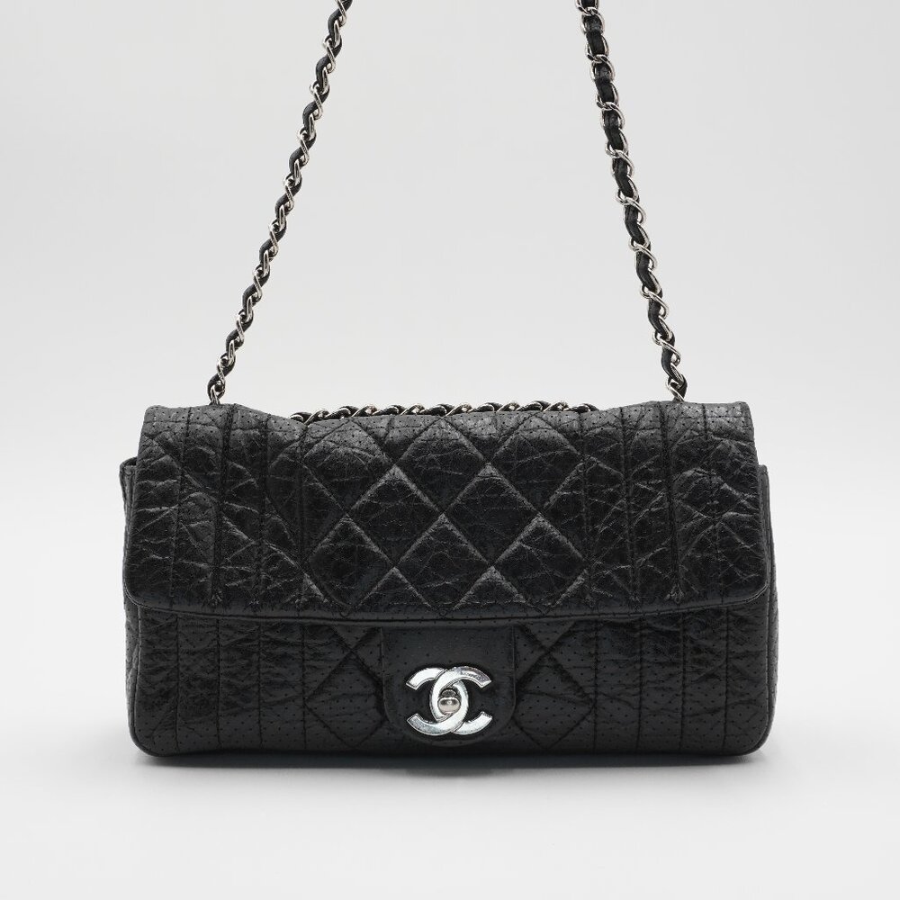 Pre-owned CHANEL Black Leather Perforated Flap Shoulder Bag